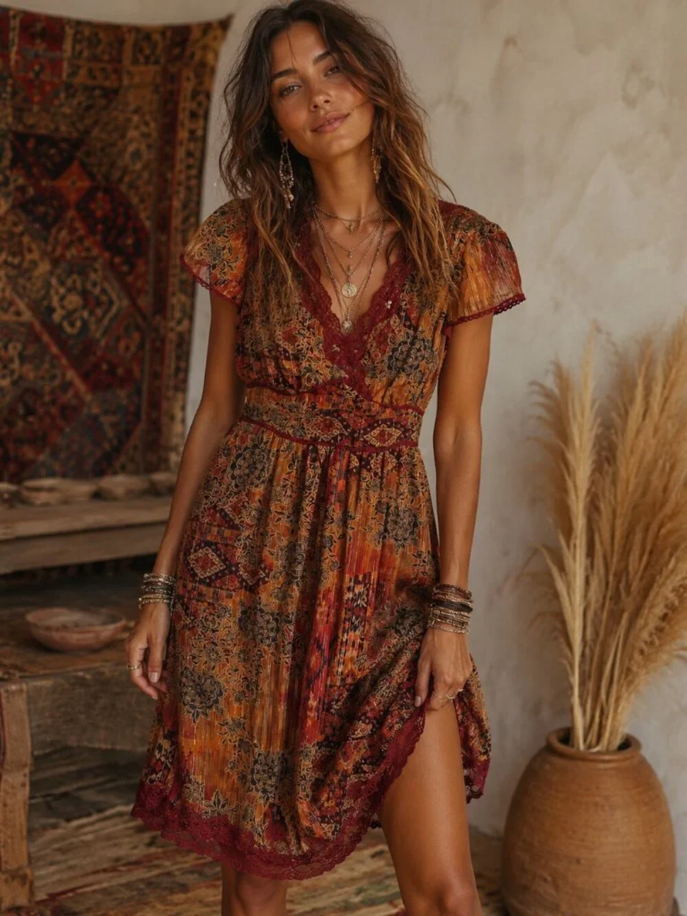 100% Silk Bohemian Paisley Lace-Trim Midi Gypsy Ethereal Dress Robbie Bee - Picture 1 of 11